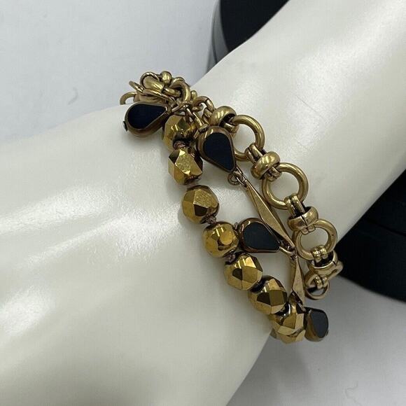 J. Crew Gold Tone Bronze Triple Strand Bracelet Dangles Black Red Tassel - Picture 5 of 11